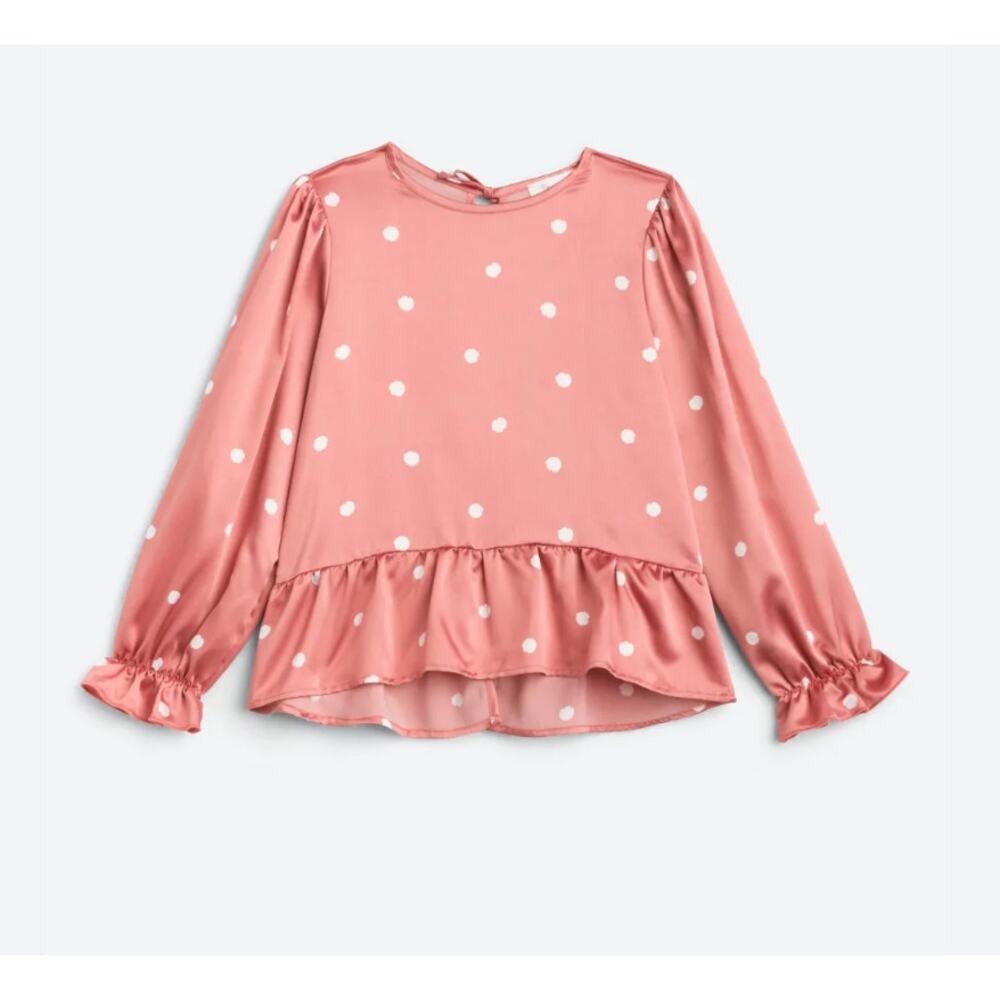 Persaya Girl Orange Polka Dot Peplum Blouse Long Sleeve Ruffle Hem Size S Kids
